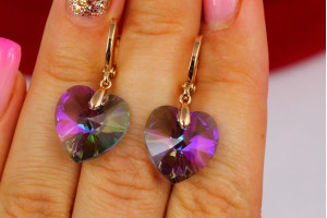 Сережки підвіски Xuping Jewelry Сваровські фіолетові хамелеони 3 см золоті