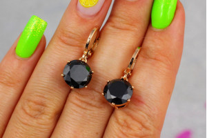 Сережки підвіски Xuping Jewelry з чорними камнями діаметр каміння 10 мм сережки 2,5 см золоті