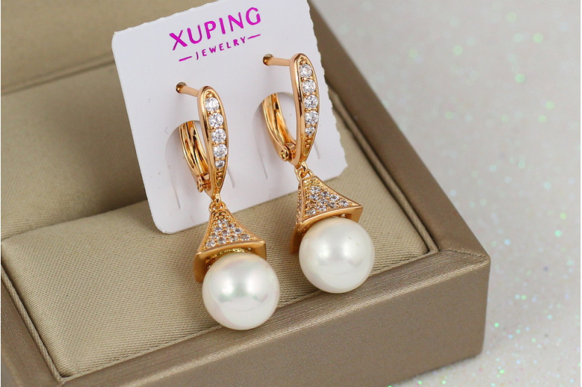 Сережки підвіски Xuping Jewelry з перлами та камінням пірамідою 3 см золотисті