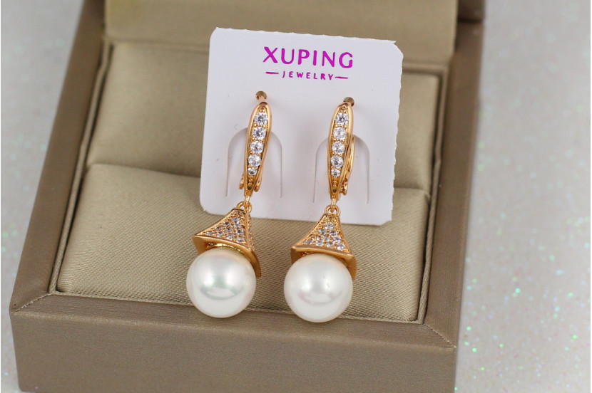 Сережки підвіски Xuping Jewelry з перлами та камінням пірамідою 3 см золотисті