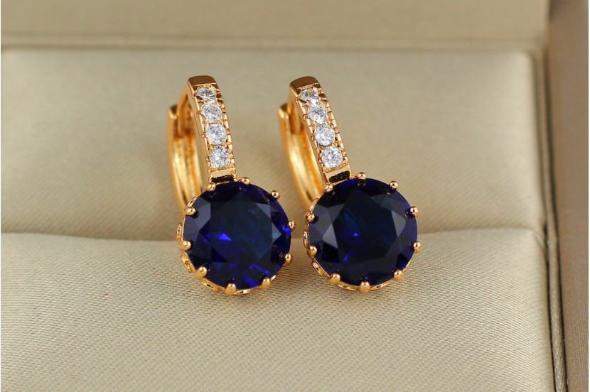 Сережки Xuping Jewelry з великим синім каменем і круглою застібкою 2 см золотисті
