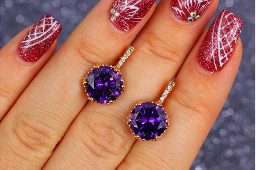 Сережки Xuping Jewelry з фіолетовим великим каменем шестигранна оправа 2 см золотисті