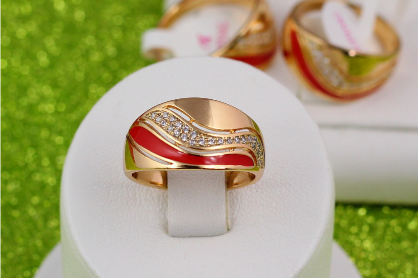 Кільце Xuping Jewelry широке гладке з червоною смугою р 16 золотисте