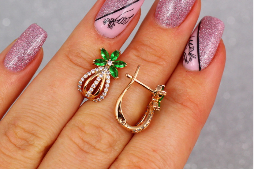 Сережки Xuping Jewelry ананасики з зеленими каменями 1.7 см золотисті