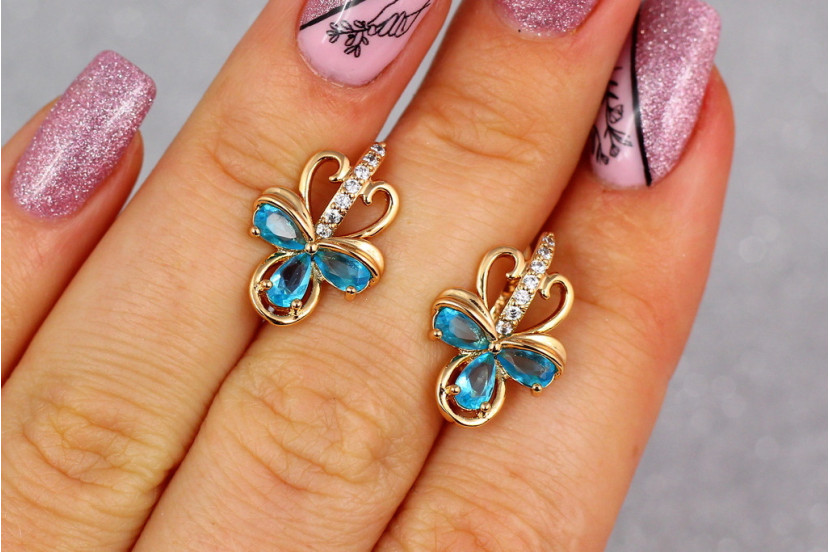 Сережки Xuping Jewelry трехлистник з блакитними каменями 1.7 см золотисті