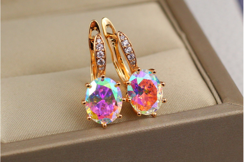 Сережки Xuping Jewelry хамелеони овальні восьмигранники вушко з камінчиками 2 см золотисті