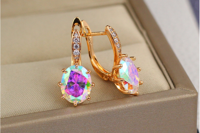 Сережки Xuping Jewelry хамелеони овальні восьмигранники вушко з камінчиками 2 см золотисті