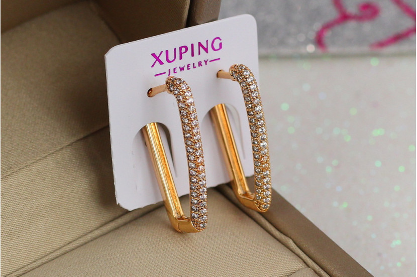 Сережки Xuping Jewelry квадратна доріжка з каменів 2.2 см золотисті