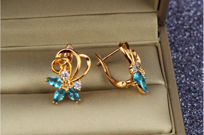 Сережки Xuping Jewelry вихор з блакитними каменями 1,8 см  золотисті