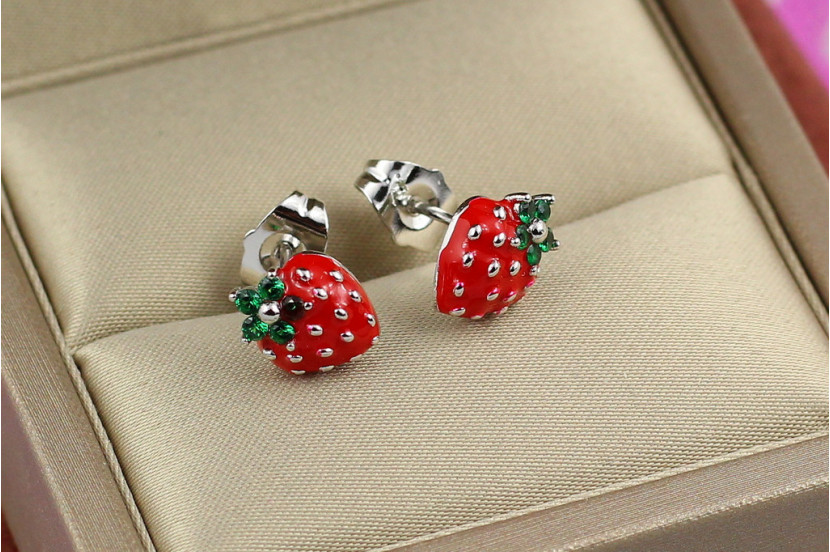 Сережки гвоздик Xuping Jewelry полуничка червона 1 см сріблясті