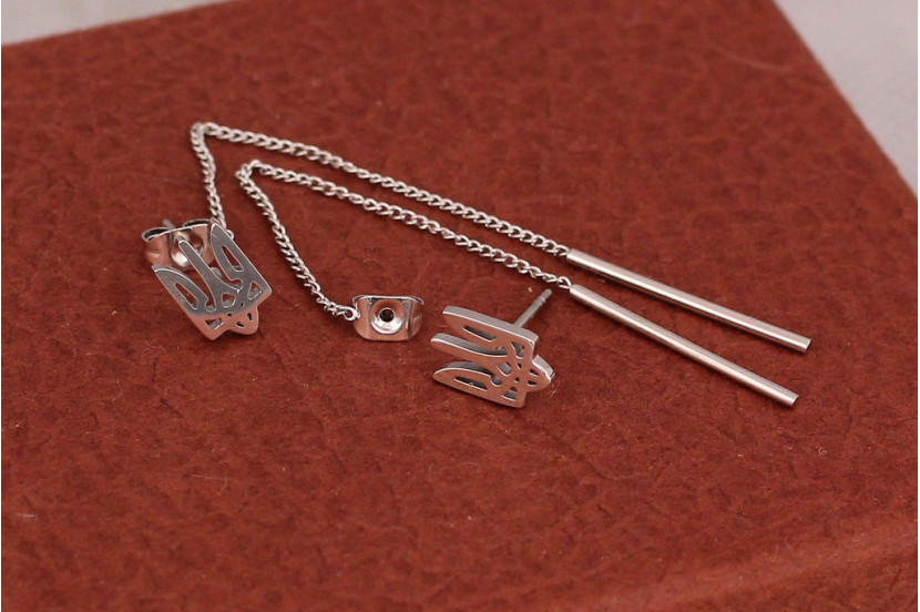 Сережки гвоздики Xuping Jewelry підвіски герб трезуб 6.5 см сріблясті