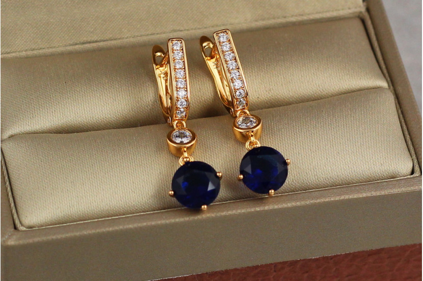 Сережки підвіски Xuping Jewelry із синім круглим каменем 3.1 см золотисті