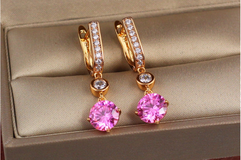 Сережки підвіски Xuping Jewelry з рожевим круглим каменем 3.1 см золотисті