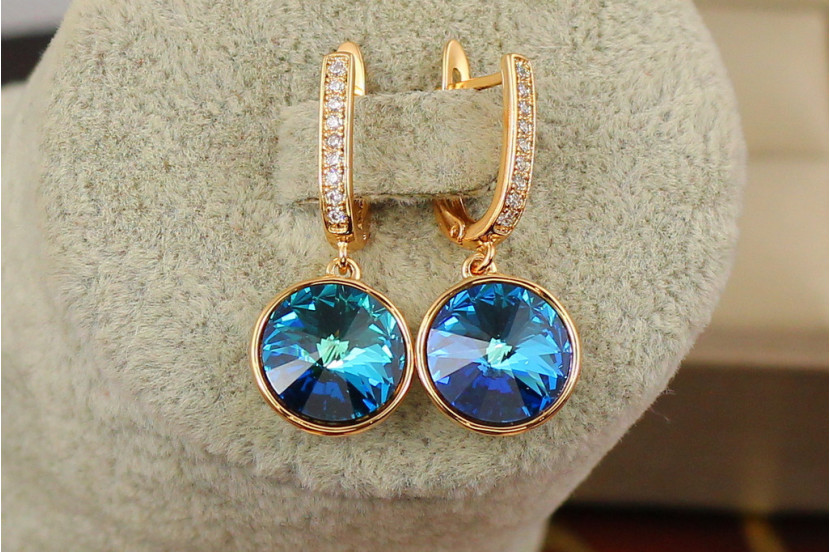 Сережки підвіски Xuping Jewelry Сваровські камінь у обідку блакитні хамелеони 3 см золотисті
