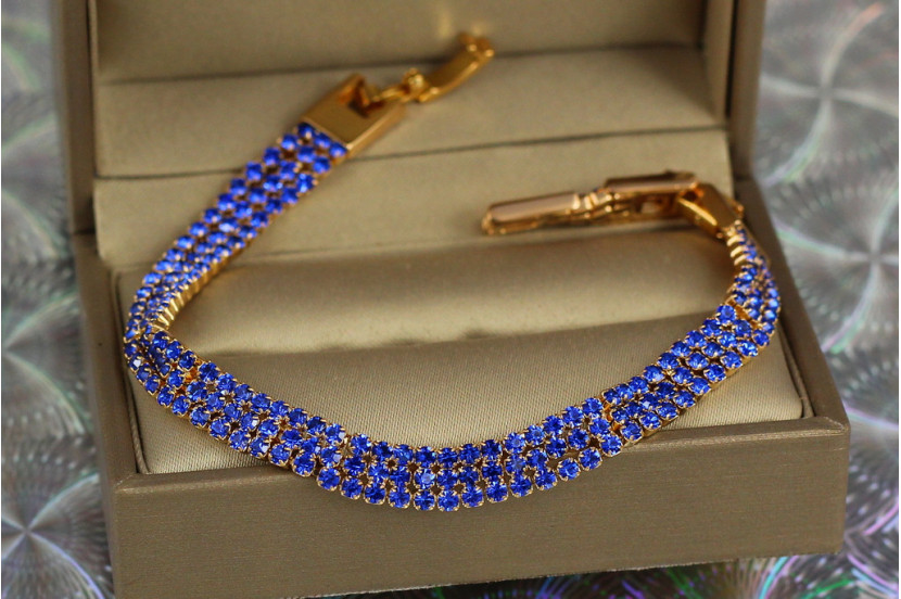 Браслет Xuping Jewelry три доріжки із синіх каменів 18.5 см 8 мм золотистий