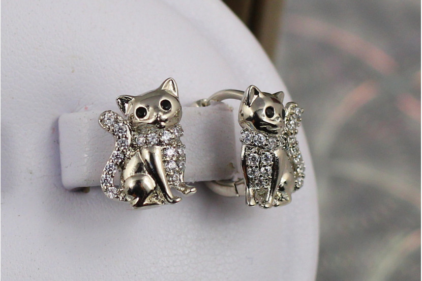 Сережки дитячі Xuping Jewelry кошенята з чорними вічками 1.2 см сріблясті