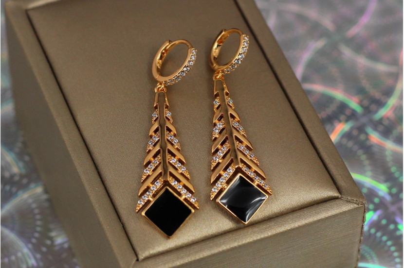 Сережки Xuping Jewelry перо з чорним квадратом 4.5 см золотисті