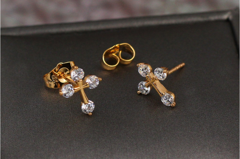 Сережки гвоздики Xuping Jewelry хрестики з камінцями на кінцях 1.2 см золотисті