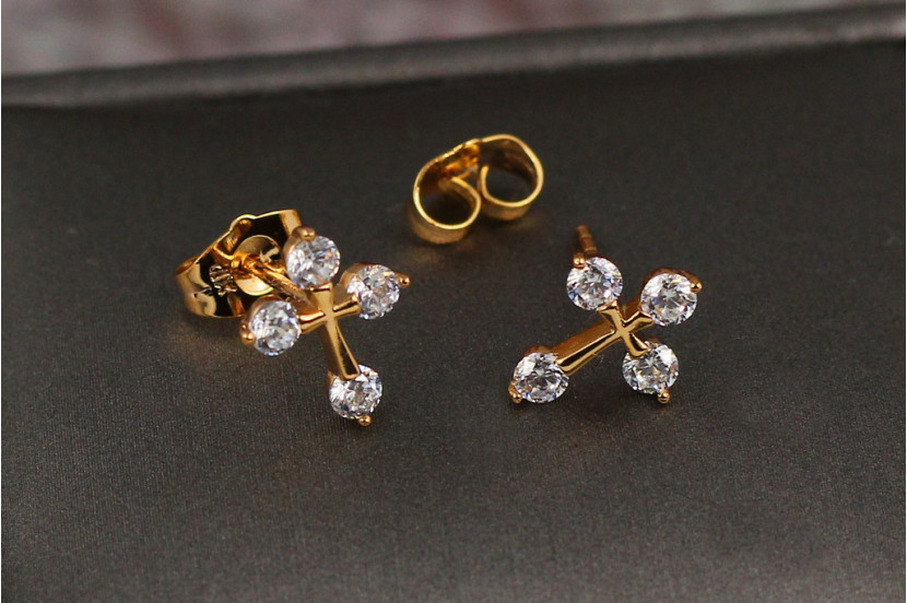 Сережки гвоздики Xuping Jewelry хрестики з камінцями на кінцях 1.2 см золотисті