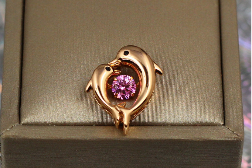 Кулон Xuping Jewelry два дельфіни з рожевим фіанітом, що танцює, для тонкого ланцюга 1.9 см золотистий
