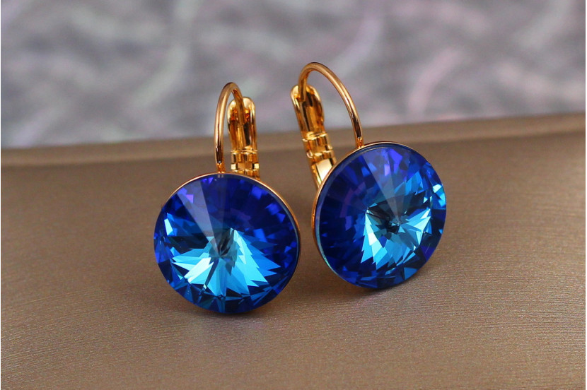 Сережки Xuping Jewelry сині камені Сваровскі 2 см золотисті