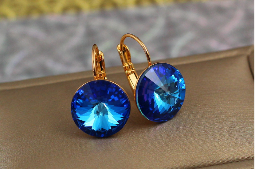 Сережки Xuping Jewelry сині камені Сваровскі 2 см золотисті