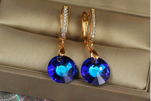 Сережки Xuping Jewelry підвіски синій круглий камінь хамелеоні 3.5 см золоті