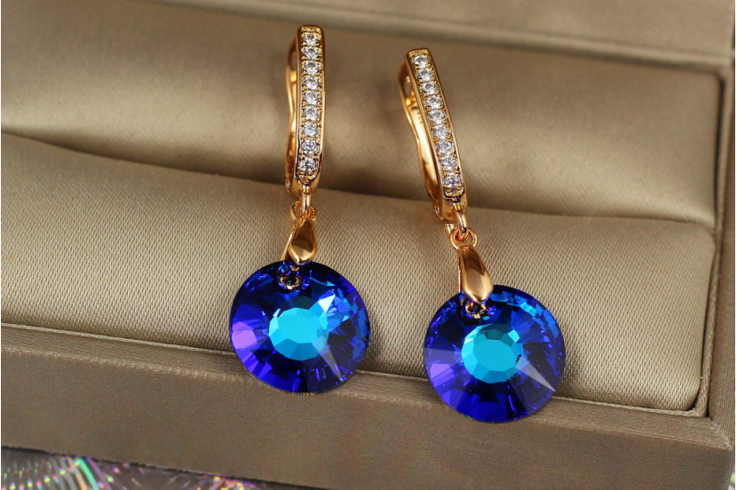 Сережки Xuping Jewelry підвіски синій круглий камінь хамелеони 3.5 см золотисті