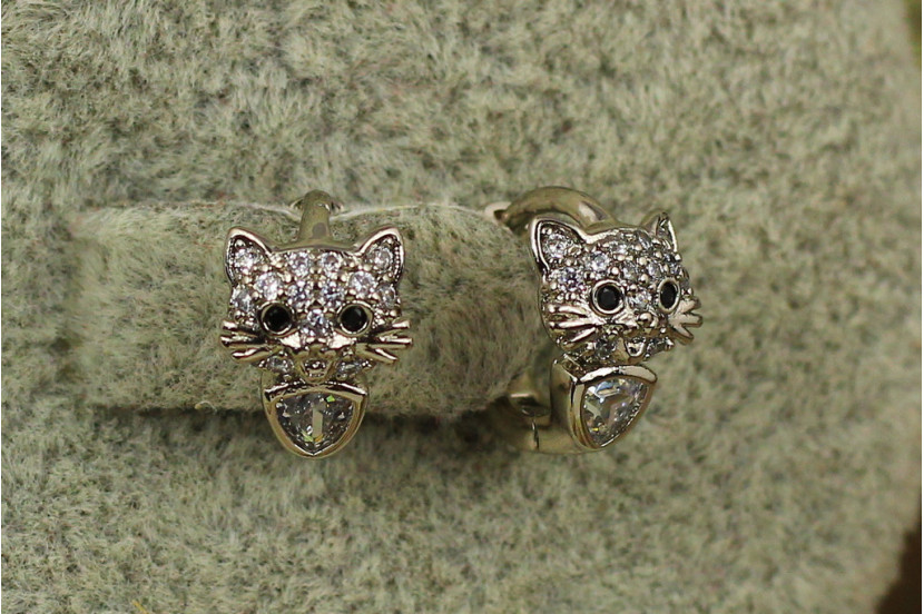 Сережки дитячі Xuping Jewelry кошенята з чорними вічками 10 мм сріблясті