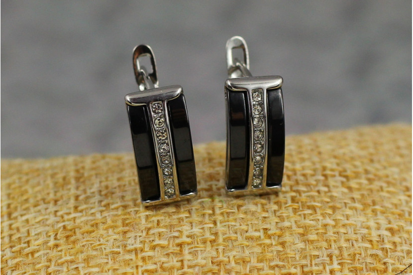 Сережки Xuping Jewelry краватка з чорною керамікою 1.6 см сріблясті