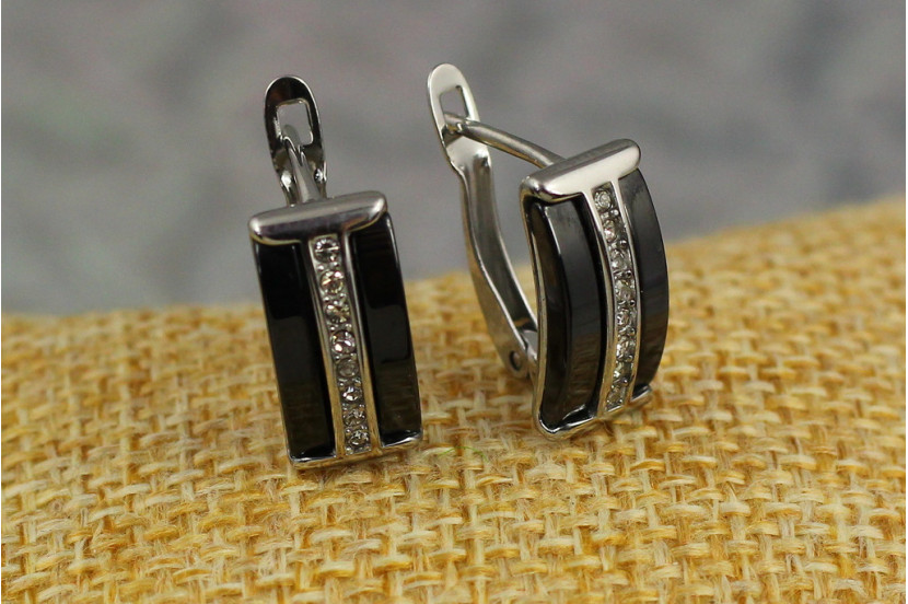 Сережки Xuping Jewelry краватка з чорною керамікою 1.6 см сріблясті