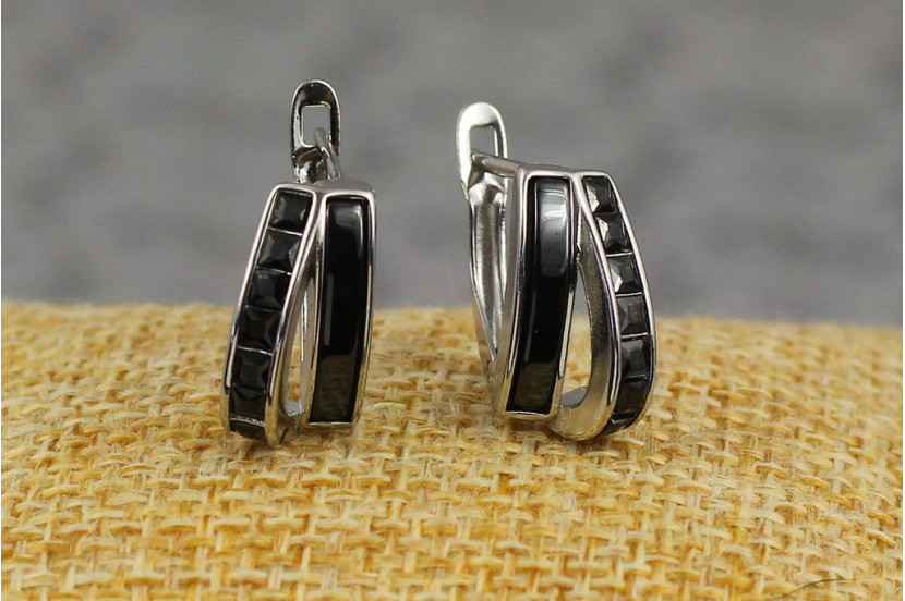 Сережки Xuping Jewelry вітрил чорні камені з керамікою 1.5 см сріблясті