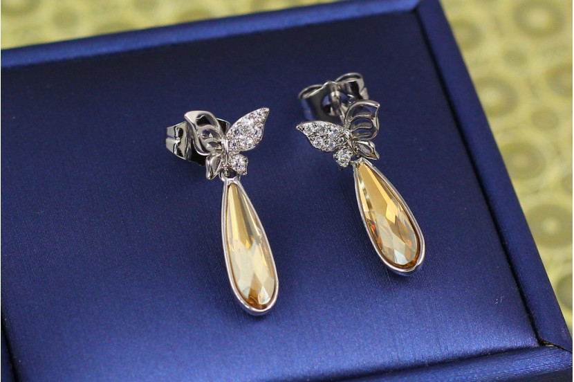 Сережки гвоздики Xuping Jewelry метелики з жовтою краплею Сваровські 2.5 см сріблясті