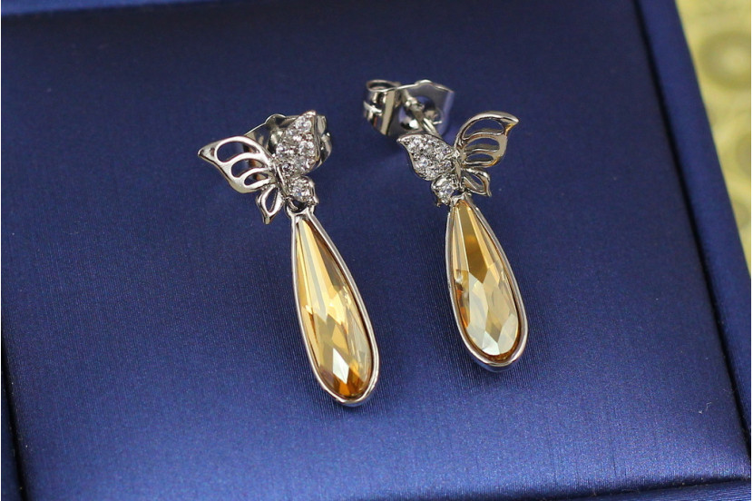 Сережки гвоздики Xuping Jewelry метелики з жовтою краплею Сваровські 2.5 см сріблясті