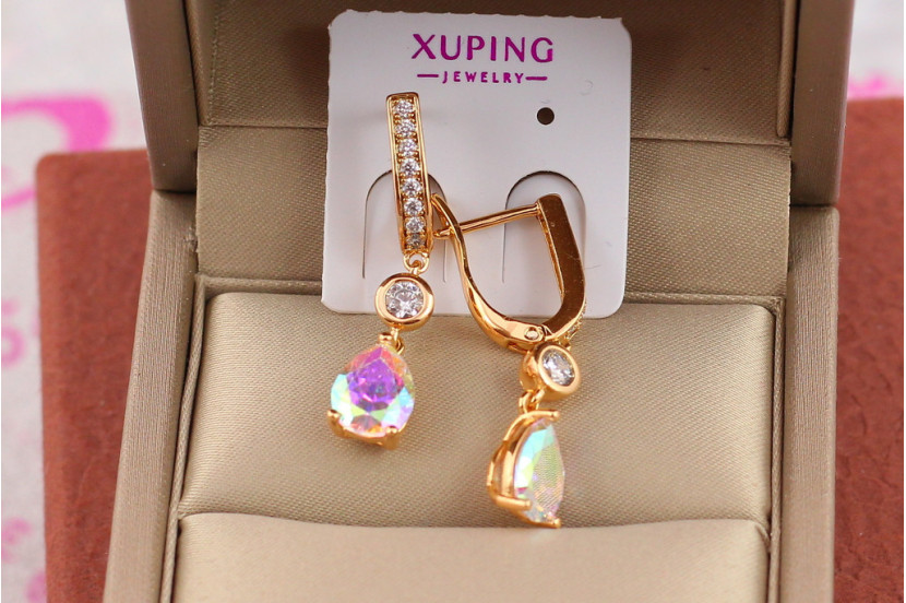 Сережки підвіски Xuping Jewelry з каменем хамелеон у формі краплі 3,2 см золотисті