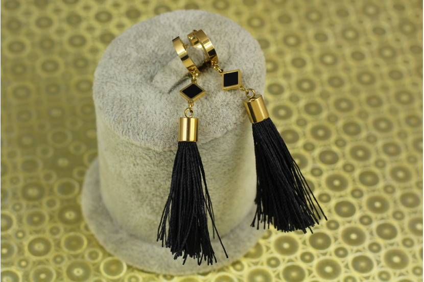 Сережки підвіски Xuping Jewelry ромб з чорними нитками 7,5 см лимонні
